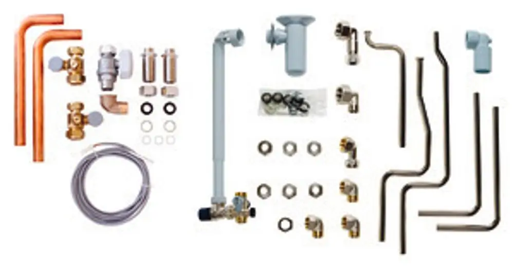 Vaillant Anschlussset mit verschiedenen Rohren, Ventilen und Verbindungselementen, geeignet zur Installation von Heizungsanlagen.